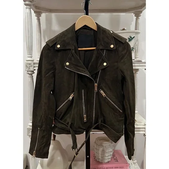 ALL SAINTS $569 Suede Balfern Biker Jacket Size 6 in Tarmac Green
